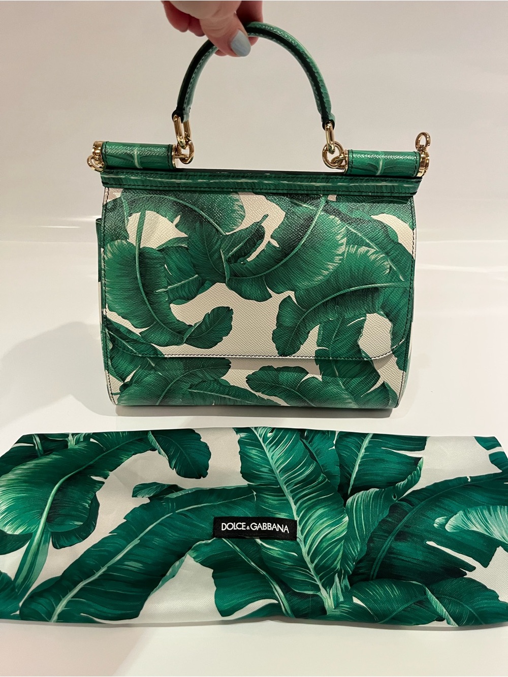 Dolce & Gabbana White and Green Banana Leaf Top-Handle Satchel